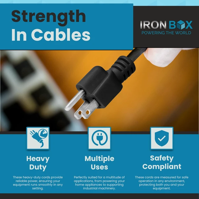 Alt view image 6 of 7 - IronBox Electric - Heavy-Duty 5-15P to C15 Power Supply Cable - 15A 125V, 14/3 SJT Cord - Male End 5-15 Plug/Female End C15 Connector - UL Listed PC Power Cord - (Black,15 Foot)