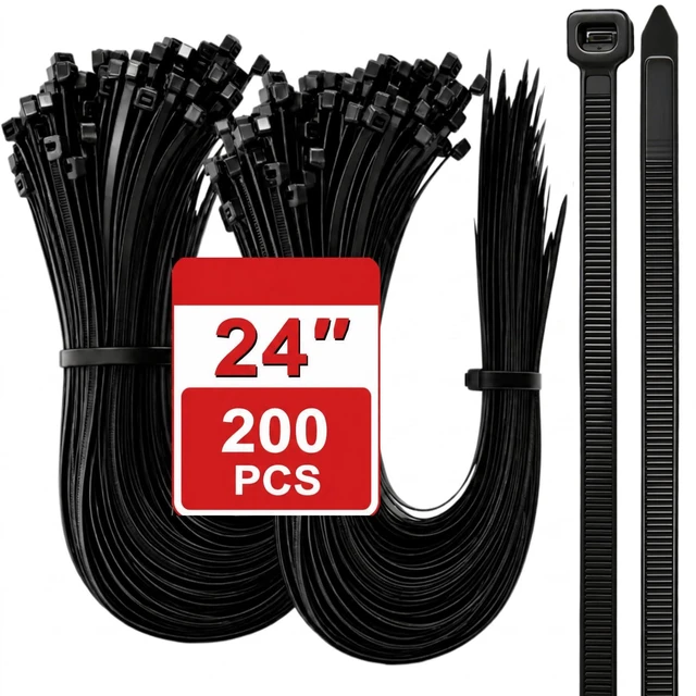 Main image of 200 Pack 24 Inch Heavy Duty Zip Ties, Black Long Cable Ties, Extra Large Self-Locking Wire Ties, Nylon Ties Wraps for Indoor and Outdoor Use, 155 LBS Tensile Strength, UV Resistant