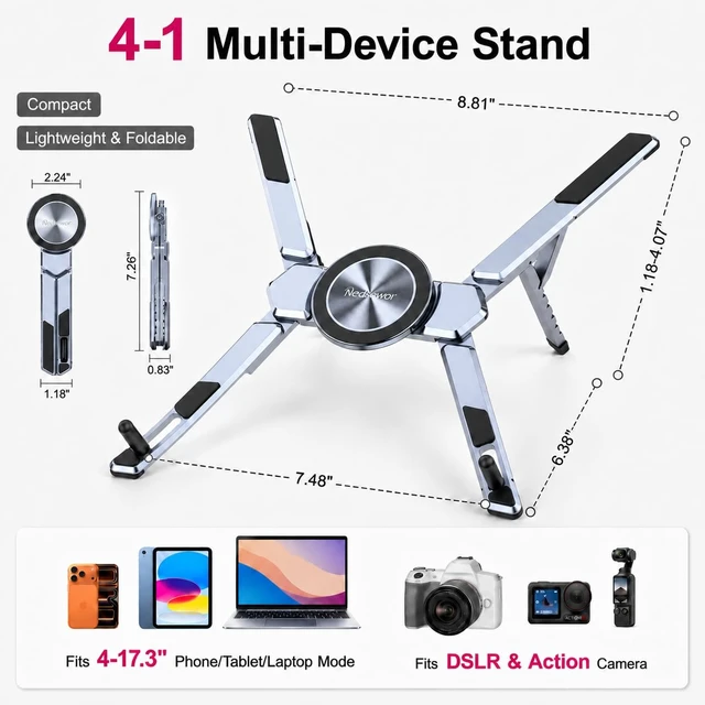 Alt view image 5 of 7 - 4-in-1 Adjustable Laptop Stand for desk with Magnetic Phone Holder & Camera Tripod, Foldable Aluminum Stand for Laptop, Tablet, Camera, Portable Ergonomic Desk Setup for Travel & Remote Work(Gun Gray)