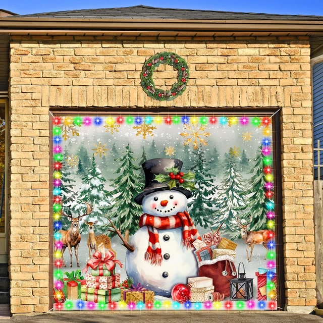 Main image of LED Christmas Snowman Garage Door Cover Banner, 7x8 ft Holiday Decor Winter Forest Scene Garage Door Decor, Reindeer Fabric Backdrop for Garage and Outdoor Walls, Festive Holiday Decoration