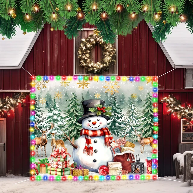 Alt view image 5 of 6 - LED Christmas Snowman Garage Door Cover Banner, 7x8 ft Holiday Decor Winter Forest Scene Garage Door Decor, Reindeer Fabric Backdrop for Garage and Outdoor Walls, Festive Holiday Decoration