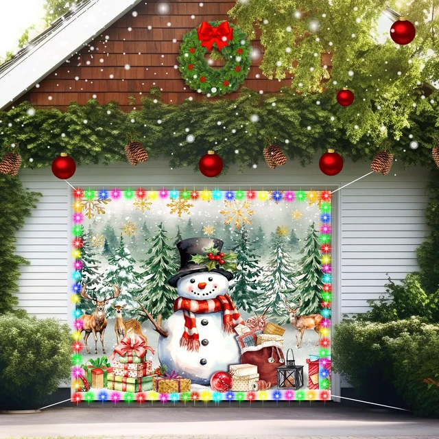 Alt view image 3 of 6 - LED Christmas Snowman Garage Door Cover Banner, 7x8 ft Holiday Decor Winter Forest Scene Garage Door Decor, Reindeer Fabric Backdrop for Garage and Outdoor Walls, Festive Holiday Decoration