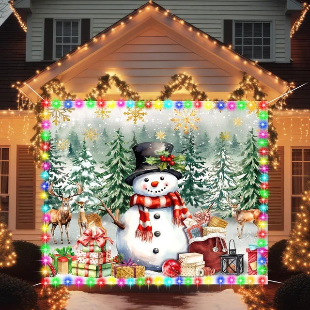 Alt view image 6 of 6 - LED Christmas Snowman Garage Door Cover Banner, 7x8 ft Holiday Decor Winter Forest Scene Garage Door Decor, Reindeer Fabric Backdrop for Garage and Outdoor Walls, Festive Holiday Decoration