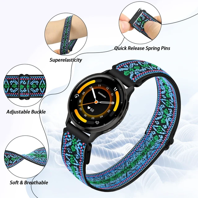 Alt view image 2 of 7 - 2 Pack Elastic Ankle/Arm Watch Bands Compatible with Garmin Venu 4 45mm/Venu 3 45mm/Venu 2/Vivoactive 4, Garmin Forerunner 570 47mm/265/255/255 Music, 22mm Sport Nylon Replacement Strap for Samsung
