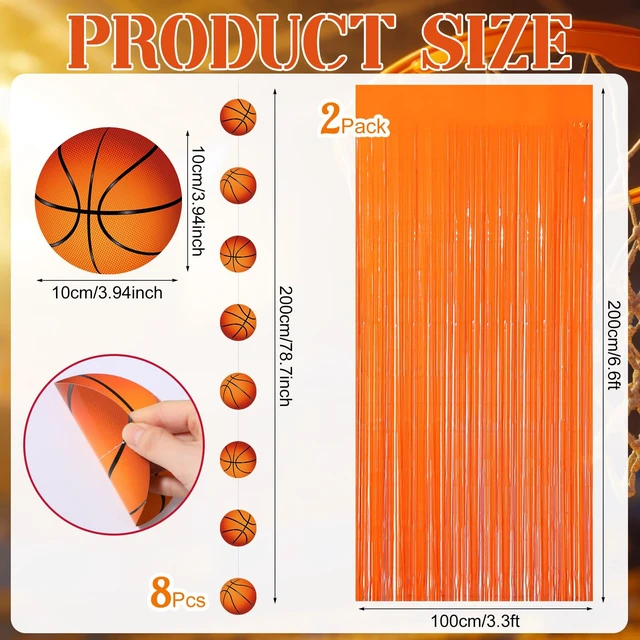 Alt view image 2 of 7 - 10 Pcs Basketball Party Decorations Backdrop 2 Pcs Orange 3.3 x 6.6 ft Tinsel Foil Fringe Curtain, 8 Pcs Basketball Party Banner Garland, Sports Themed Birthday Decor