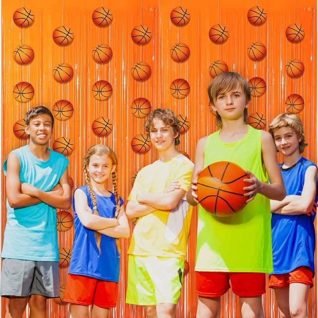 Alt view image 5 of 7 - 10 Pcs Basketball Party Decorations Backdrop 2 Pcs Orange 3.3 x 6.6 ft Tinsel Foil Fringe Curtain, 8 Pcs Basketball Party Banner Garland, Sports Themed Birthday Decor
