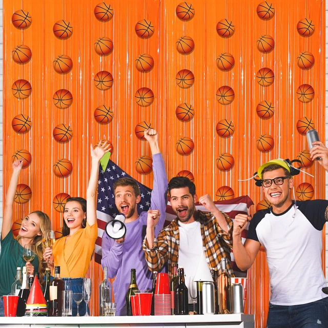 Alt view image 4 of 7 - 10 Pcs Basketball Party Decorations Backdrop 2 Pcs Orange 3.3 x 6.6 ft Tinsel Foil Fringe Curtain, 8 Pcs Basketball Party Banner Garland, Sports Themed Birthday Decor