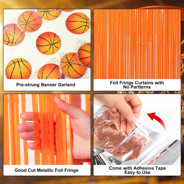 Alt view image 3 of 7 - 10 Pcs Basketball Party Decorations Backdrop 2 Pcs Orange 3.3 x 6.6 ft Tinsel Foil Fringe Curtain, 8 Pcs Basketball Party Banner Garland, Sports Themed Birthday Decor