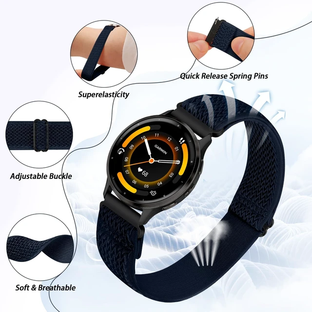 Alt view image 2 of 7 - 2 Pack Elastic Ankle/Arm Watch Bands Compatible with Garmin Venu 4 45mm/Venu 3 45mm/Venu 2/Vivoactive 4, Garmin Forerunner 570 47mm/265/255/255 Music, 22mm Sport Nylon Replacement Strap for Samsung
