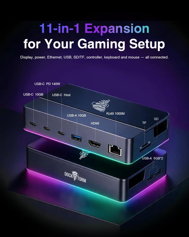 Alt view image 2 of 7 - 11-in-1 RGB Docking Station for ROG Xbox Ally/ROG Ally X/ROG Ally 4K@120Hz HDMI, 140W PD Input, Gigabit Ethernet, 10Gbps USB, SD/TF Card Slots, Compatible with Steam Deck, Legion Go, MSI Claw