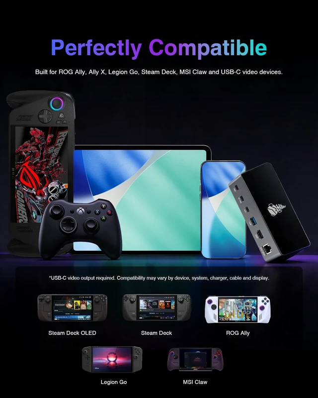 Alt view image 7 of 7 - 11-in-1 RGB Docking Station for ROG Xbox Ally/ROG Ally X/ROG Ally 4K@120Hz HDMI, 140W PD Input, Gigabit Ethernet, 10Gbps USB, SD/TF Card Slots, Compatible with Steam Deck, Legion Go, MSI Claw