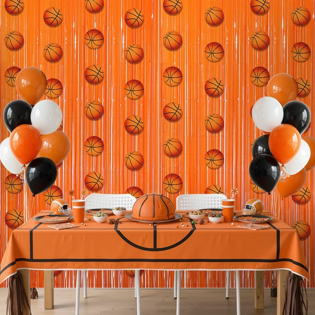 Alt view image 6 of 7 - 10 Pcs Basketball Party Decorations Backdrop 2 Pcs Orange 3.3 x 6.6 ft Tinsel Foil Fringe Curtain, 8 Pcs Basketball Party Banner Garland, Sports Themed Birthday Decor