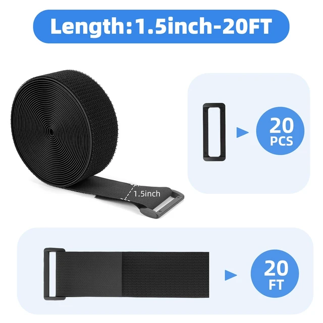 Alt view image 3 of 7 - Premium Hook and Loop Cinch Straps, Black Nylon, 1.5 Inch x 20 Feet, Heavy Duty with 20 Buckles, Reusable Cable Ties for Organization, Storage