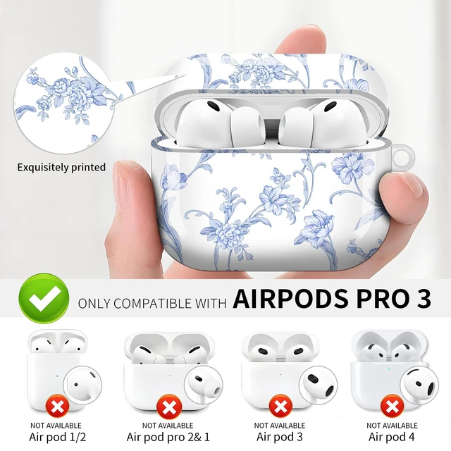 Alt view image 2 of 6 - Compatible with AirPod Pro 3 (2025),Cute Case Cover for Women & Men, Full Protection Shockproof Hard Case with Keychain, Wireless Charging Case Accessories(Blue Flowers)