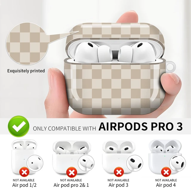 Alt view image 2 of 6 - Compatible with AirPod Pro 3 (2025),Cute Case Cover for Women & Men, Full Protection Shockproof Hard Case with Keychain, Wireless Charging Case Accessories(Khaki Checkerboard)