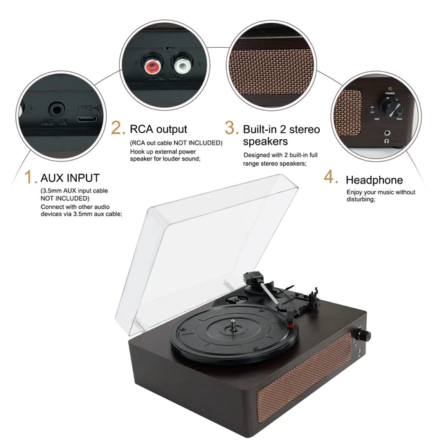 Alt view image 7 of 7 - Bluetooth Vinyl Record Player,3-Speed Turntable with Stereo Built-in 2 Speaker,Vintage Phonograph Record Player