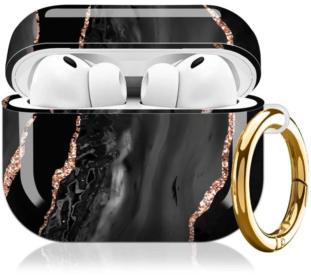 Main image of Compatible with AirPod Pro 3 (2025),Cute Case Cover for Women & Men, Full Protection Shockproof Hard Case with Keychain, Wireless Charging Case Accessories(Black Rose Gold Marble)