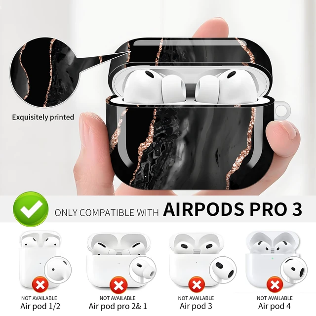 Alt view image 2 of 6 - Compatible with AirPod Pro 3 (2025),Cute Case Cover for Women & Men, Full Protection Shockproof Hard Case with Keychain, Wireless Charging Case Accessories(Black Rose Gold Marble)