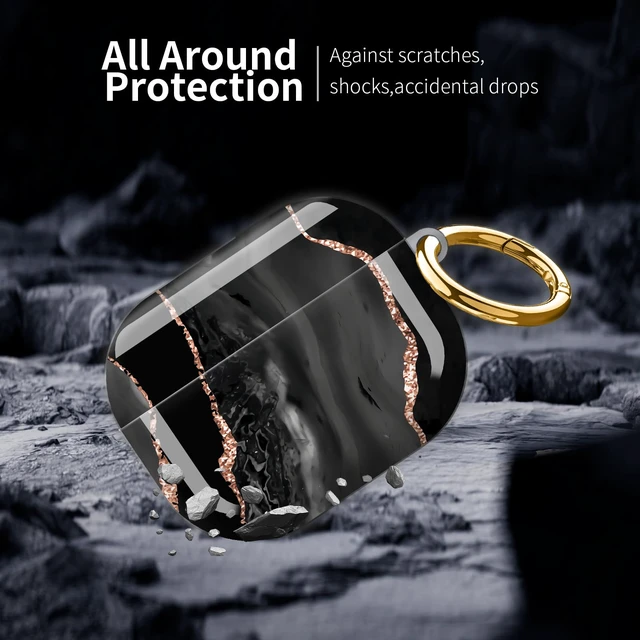 Alt view image 4 of 6 - Compatible with AirPod Pro 3 (2025),Cute Case Cover for Women & Men, Full Protection Shockproof Hard Case with Keychain, Wireless Charging Case Accessories(Black Rose Gold Marble)
