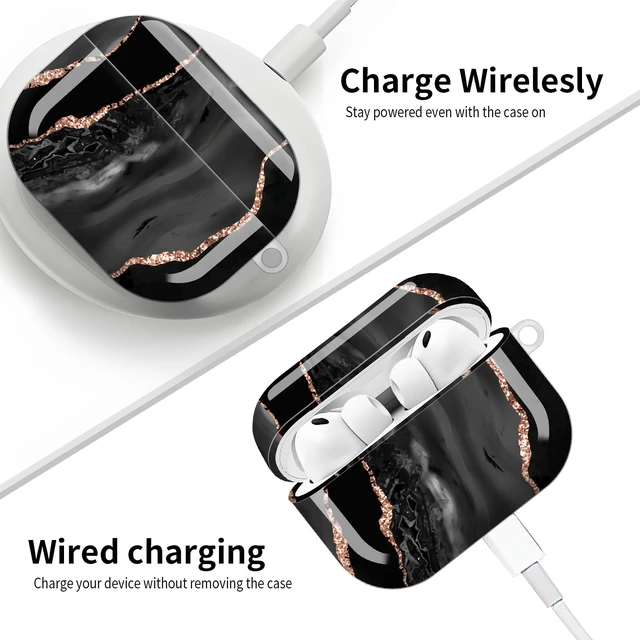 Alt view image 5 of 6 - Compatible with AirPod Pro 3 (2025),Cute Case Cover for Women & Men, Full Protection Shockproof Hard Case with Keychain, Wireless Charging Case Accessories(Black Rose Gold Marble)