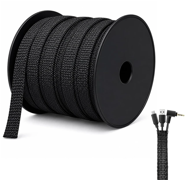 Main image of 100 Feet - 1/2 Inch Braided Wire Loom PET Cable Loom Expandable Braided Sleeving Wire Sleeve for AutomotiveTV, Computer, Home Theater, Black