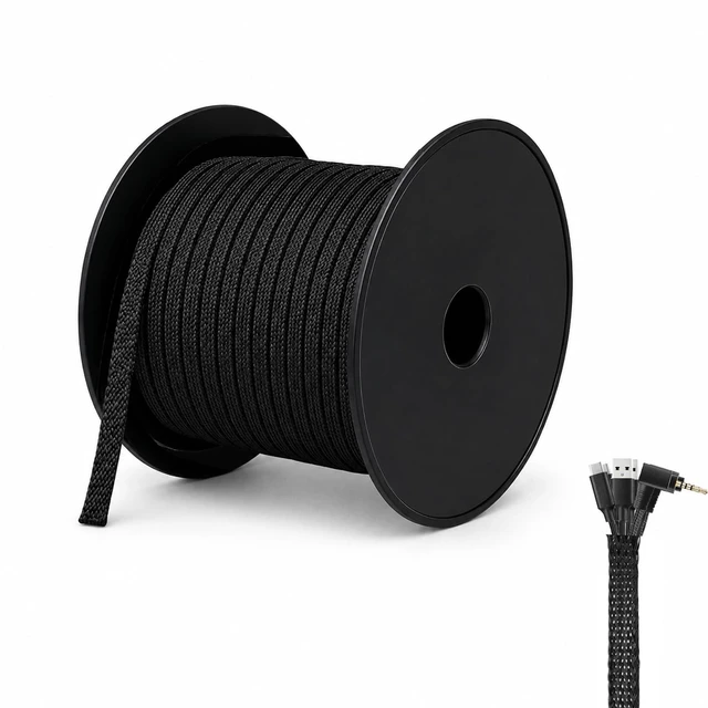 Main image of 100 Feet - 1/4 Inch Braided Wire Loom PET Cable Loom Expandable Braided Sleeving Wire Sleeve for AutomotiveTV, Computer, Home Theater, Black
