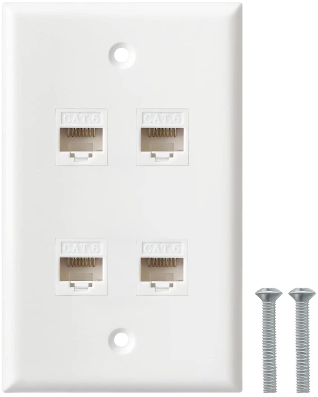 Main image of Ethernet Wall Plate, 4 Port Cat6 RJ45 Keystone Inline Coupler Wall Plate for Cat7/6/5/5e Ethernet Devices - White