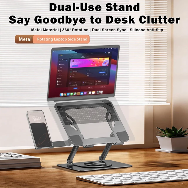 Alt view image 2 of 7 - Laptop Stand with Phone Stand 360° Rotating, Adjustable Height & Tilt Angle, Foldable Dual-Bar Support, Cooling Design, Desk Pad Laptop Riser