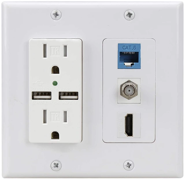 Main image of HDMI USB Outlet Charger Wall Plate, Cat6 Ethernet Coax 2 Power Outlet 15A, Dual 2.1A USB Charger Port, 1 HDMI HDTV + 1 CAT6 RJ45 + Coaxial Cable TV F Type Keystone Face Plate White