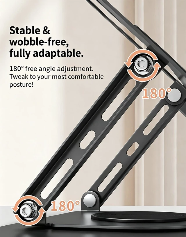 Alt view image 3 of 7 - Laptop Stand with Phone Stand 360° Rotating, Adjustable Height & Tilt Angle, Foldable Dual-Bar Support, Cooling Design, Desk Pad Laptop Riser