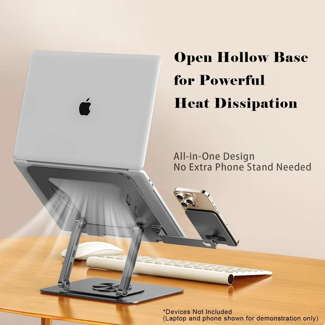 Alt view image 6 of 7 - Laptop Stand with Phone Stand 360° Rotating, Adjustable Height & Tilt Angle, Foldable Dual-Bar Support, Cooling Design, Desk Pad Laptop Riser