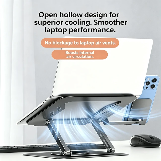 Alt view image 5 of 7 - Laptop Stand with Phone Stand 360° Rotating, Adjustable Height & Tilt Angle, Foldable Dual-Bar Support, Cooling Design, Desk Pad Laptop Riser