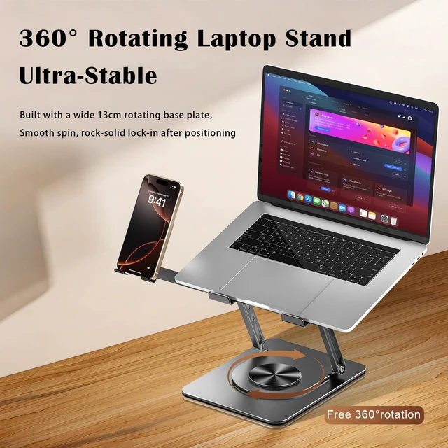 Alt view image 4 of 7 - Laptop Stand with Phone Stand 360° Rotating, Adjustable Height & Tilt Angle, Foldable Dual-Bar Support, Cooling Design, Desk Pad Laptop Riser
