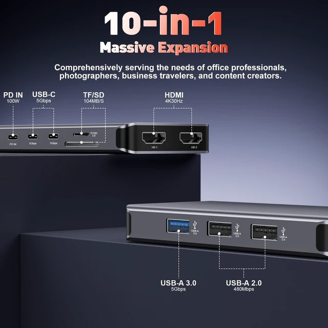 Alt view image 2 of 7 - USB C Docking Station Dual Monitor for Laptop, 10-in-1 2 HDMI Dock Computer Docking Station with 4K HDMI, 2 USB-C, 3 USB-A, 100W PD, SD/Micro SD, USBC Hub Multiport Adapter for HP, Dell