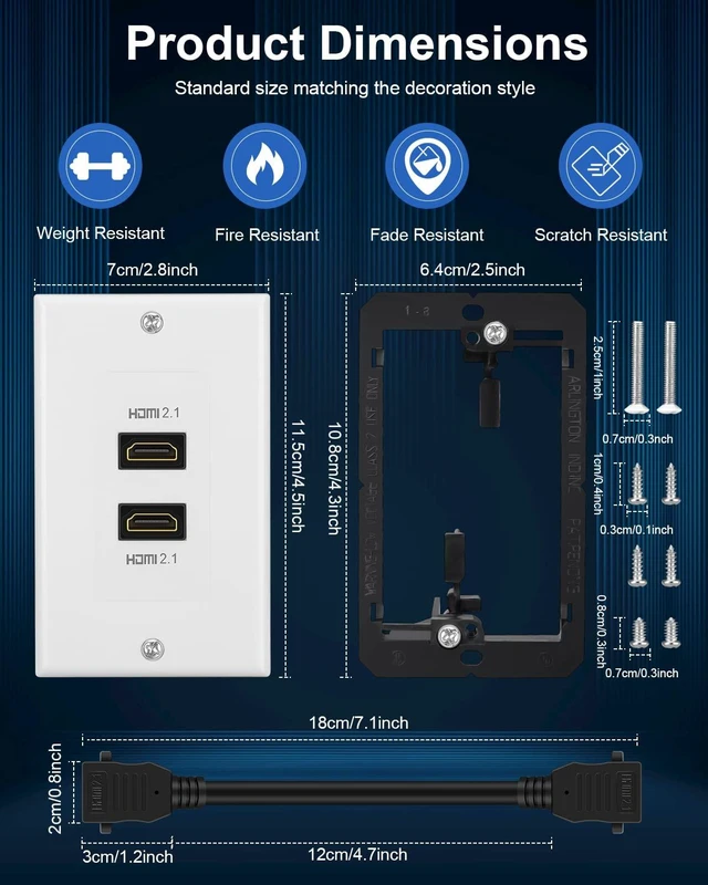 Alt view image 4 of 7 - HDMI 2.1 Wall Plate(2 Port), 8K HDMI Wall Outlet Pass Through with Low Voltage Metal Mounting Bracket, Supports 8K@60Hz and 4K@120Hz, 3D, HDR, 48 Gbps HDMI Box, Fits Home Theater Systems