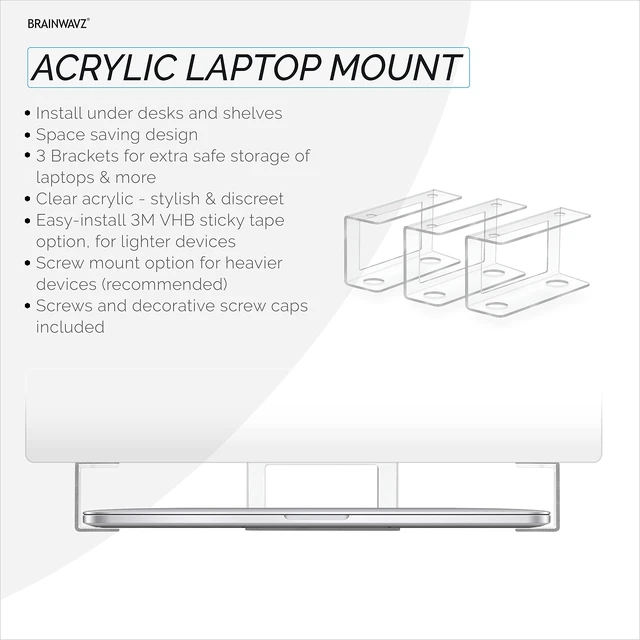 Alt view image 2 of 7 - Transparent Under Desk Laptop Holder Mount with Adhesive & Screw in, Devices Upto 1.8" Thick for Laptops, Macbooks, Surface, Cable Box, Routers, Keyboard, Modems, Network Switch & More