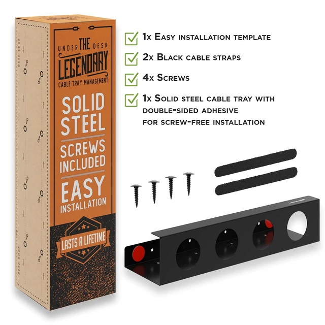 Alt view image 7 of 7 - Under Desk Cable Management Tray - No Drill Organizer for Glass Desk. Perfect Standing Cable Management Rack (Black Wire Tray - Single 17'')