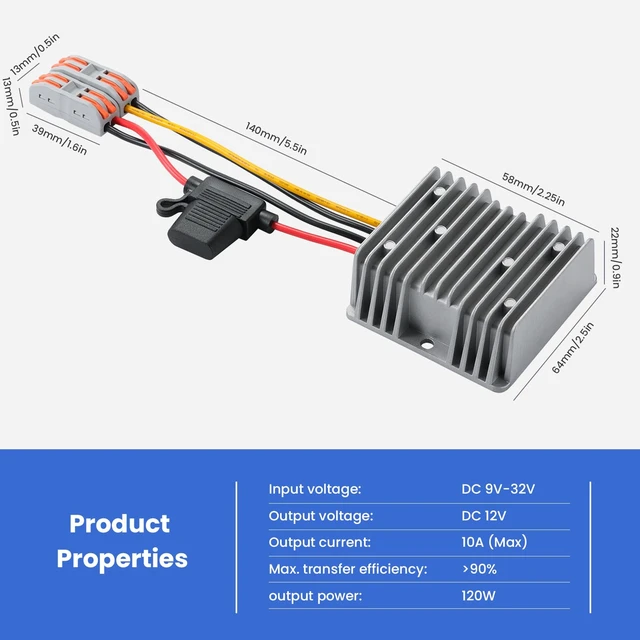 Alt view image 7 of 7 - 120W DC 9V-32V Step Down to 12V 10A Voltage Regulator for Golf Carts DC 24V Step Down to 12V 120W Buck Converter with Fuse and Clamps, Power Supply Power Adapter for Golf Cart/Truck/RV/Solar