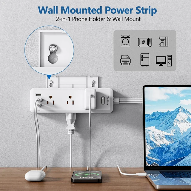 Alt view image 3 of 6 - 10 FT Extension Cord Flat Wall Plug, Power Strip, 6 Outlet Extender with 3 USB (5V/3.4A 17W) Charging Ports, Power Strip with Surge Protector, Mounted for for Home Office Dorm Roomc, White