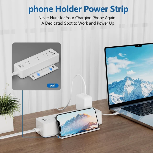 Alt view image 4 of 6 - 10 FT Extension Cord Flat Wall Plug, Power Strip, 6 Outlet Extender with 3 USB (5V/3.4A 17W) Charging Ports, Power Strip with Surge Protector, Mounted for for Home Office Dorm Roomc, White