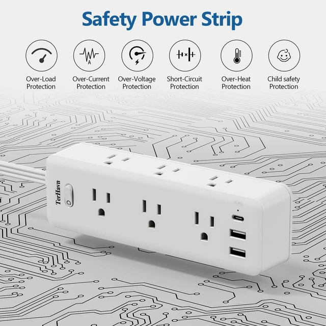 Alt view image 2 of 6 - 10 FT Extension Cord Flat Wall Plug, Power Strip, 6 Outlet Extender with 3 USB (5V/3.4A 17W) Charging Ports, Power Strip with Surge Protector, Mounted for for Home Office Dorm Roomc, White