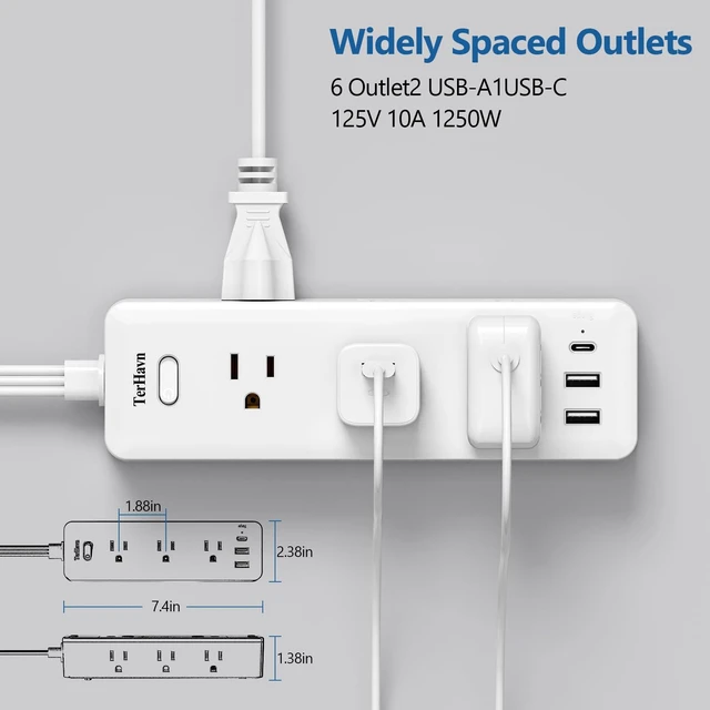 Alt view image 5 of 6 - 10 FT Extension Cord Flat Wall Plug, Power Strip, 6 Outlet Extender with 3 USB (5V/3.4A 17W) Charging Ports, Power Strip with Surge Protector, Mounted for for Home Office Dorm Roomc, White