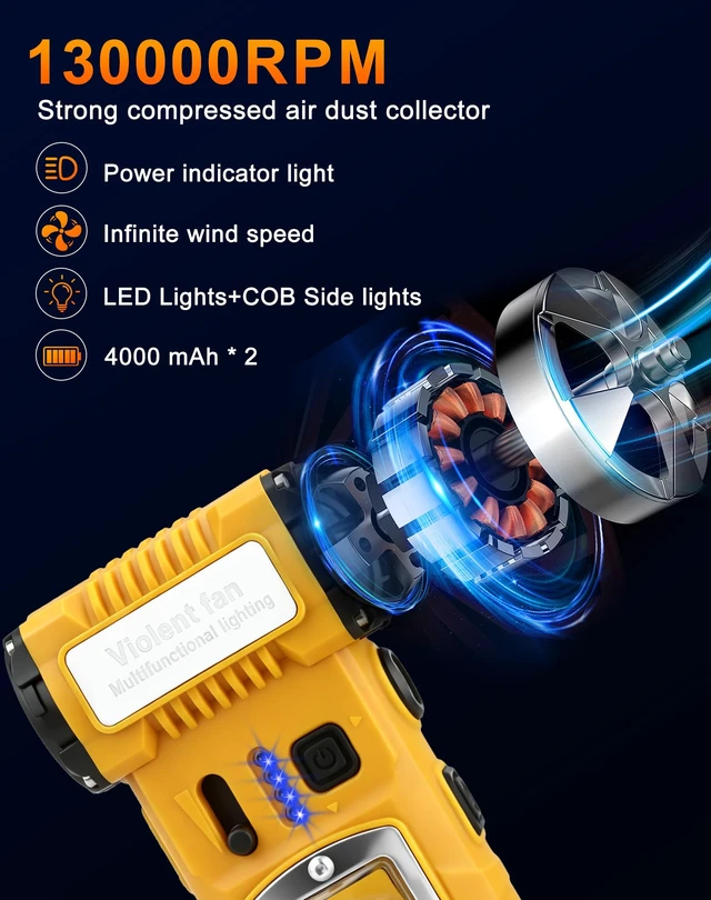 Alt view image 2 of 7 - 130000RPM Compressed Air Duster, Rechargeable Electric Air Duster 2-Gear Adjustable Mini Blower, Electric Air Blower with LED Light, Dust Blower for Keyboard, PC Vents, Car Interiors