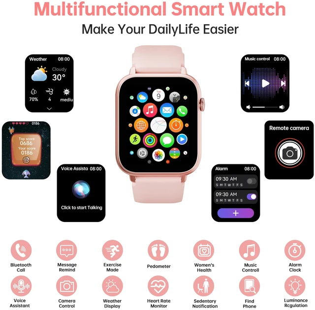 Alt view image 7 of 7 - Smart Watch for Women Ladies, 1.83" HD Touch Screen Fitness Tracker with Answer/Make Call, 100+ Sport Modes, 24/7 Heart Rate/Sleep/SpO2 Monitor, IP68 Waterproof Smartwatch for Android iOS (Pink)