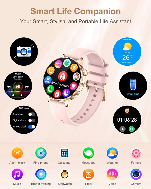 Alt view image 2 of 7 - Smart Watch for Women, 1.27 Inch HD Touchscreen, Bluetooth Calling, Heart Rate & Sleep Tracking, 100+ Sports Modes, IP68 Waterproof Fitness Tracker for Android & iPhone