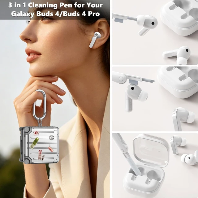 Alt view image 5 of 7 - Compatible with Samsung Galaxy Buds 4 Pro Case & Galaxy Buds 4 Case & Galaxy Buds 4 Case Cover, Cute Funny Fashion Suitcase Design Protective Hard Case with Cleaner Kit & Keychain