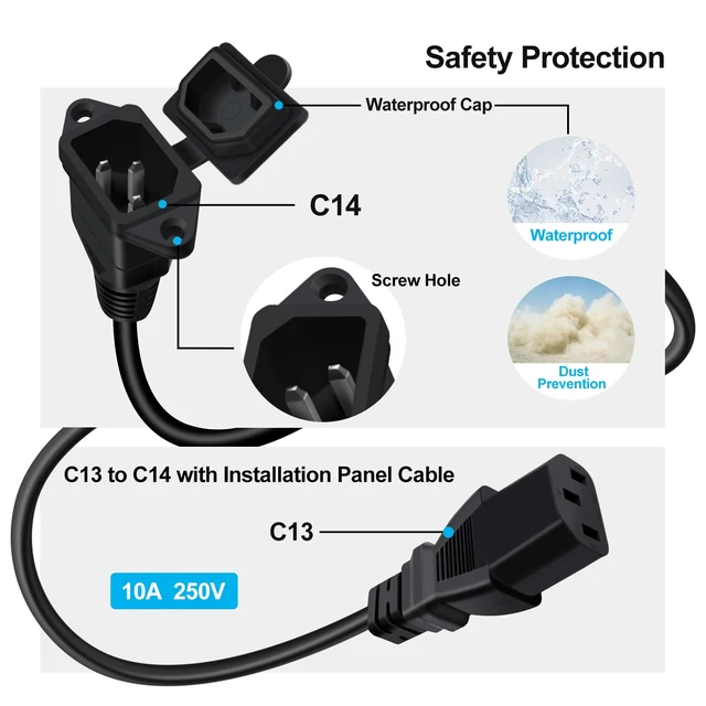 Alt view image 2 of 7 - C13 to C14 Panel Mount Power Cable with Waterproof Cover 10A 250V IEC C13 to C14 Power Extension Cord for Computer, Monitor, PDU (Black, 1 m/3.2ft)