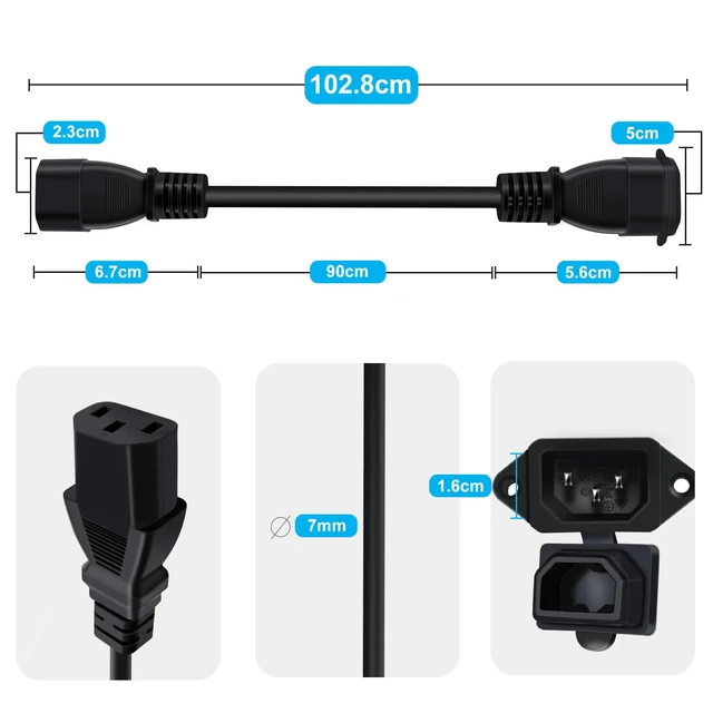 Alt view image 4 of 7 - C13 to C14 Panel Mount Power Cable with Waterproof Cover 10A 250V IEC C13 to C14 Power Extension Cord for Computer, Monitor, PDU (Black, 1 m/3.2ft)