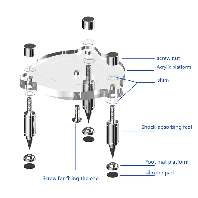 Alt view image 3 of 5 - Stand for 2025 New-Echo Studio Smart Speaker, Shock Absorber Spikes for New Studio 2025 (Transparent with Silver Metallic feet)