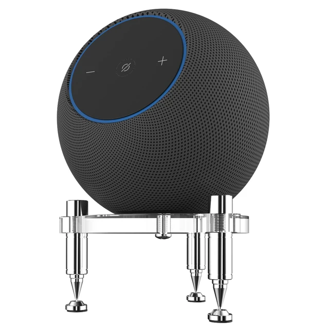 Alt view image 4 of 5 - Stand for 2025 New-Echo Studio Smart Speaker, Shock Absorber Spikes for New Studio 2025 (Transparent with Silver Metallic feet)